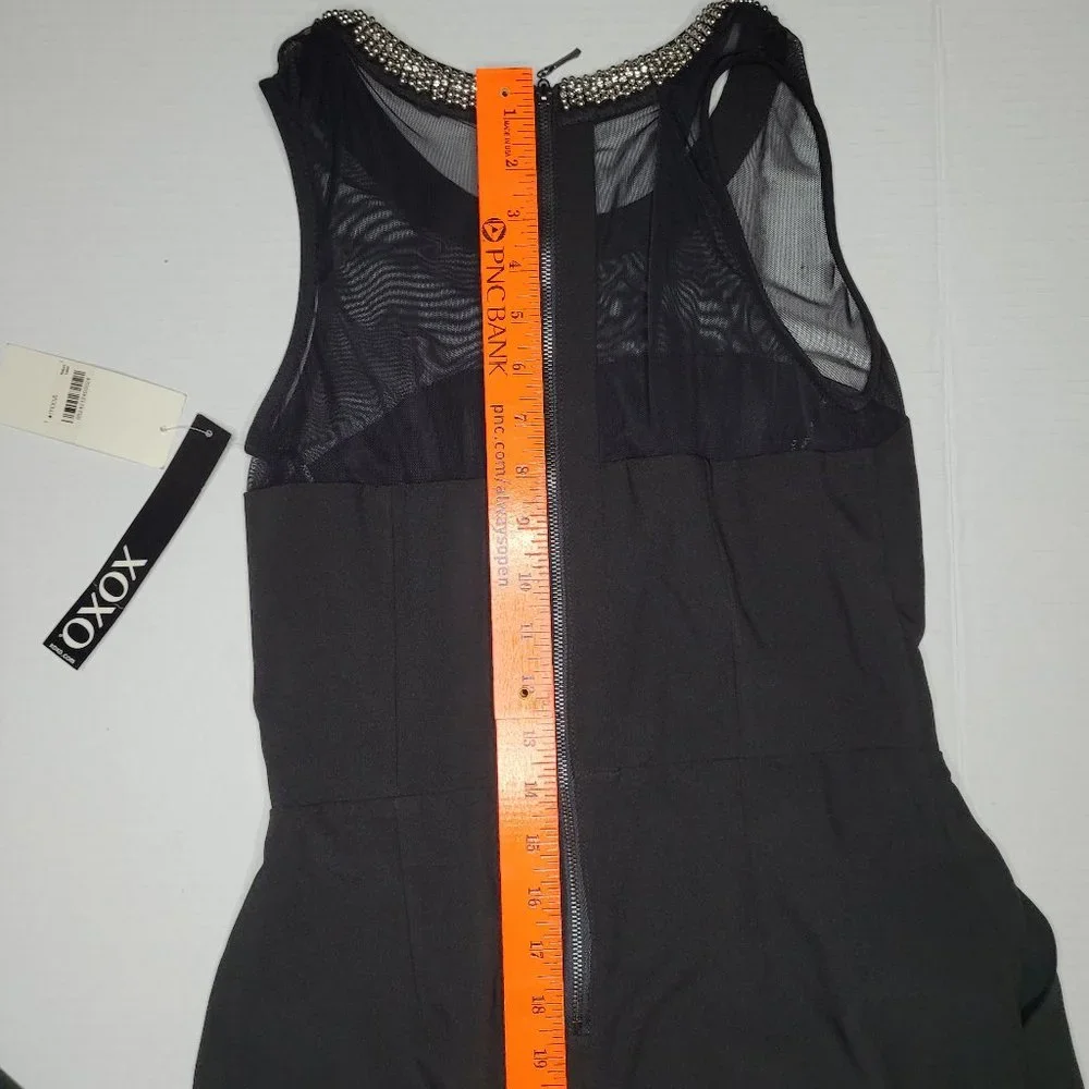 Nwt XOXO Jumpsuit Womens Black With Silver Beading Neckline Small Straight Leg - Picture 13 of 13